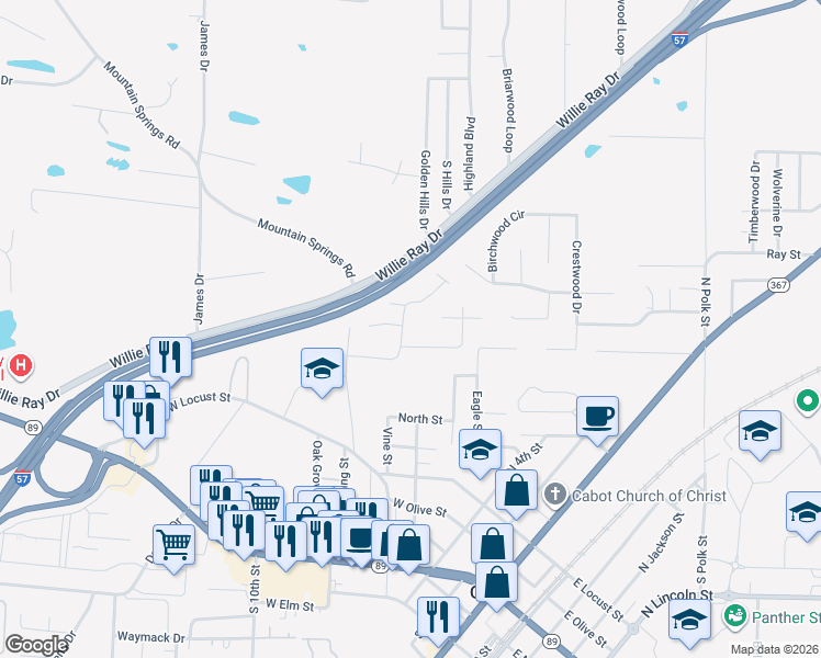 map of restaurants, bars, coffee shops, grocery stores, and more near 12 Woodhaven Drive in Cabot