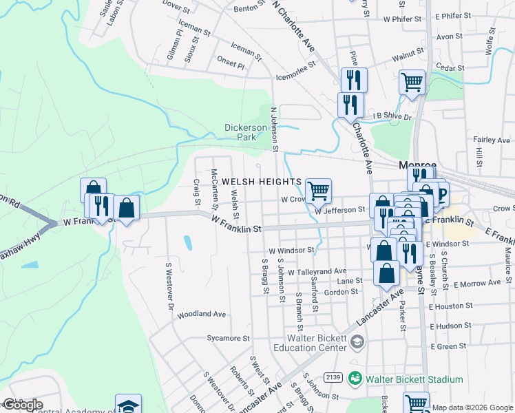 map of restaurants, bars, coffee shops, grocery stores, and more near 400 North Bragg Street in Monroe