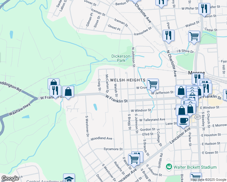 map of restaurants, bars, coffee shops, grocery stores, and more near 1203 West Crowell Street in Monroe
