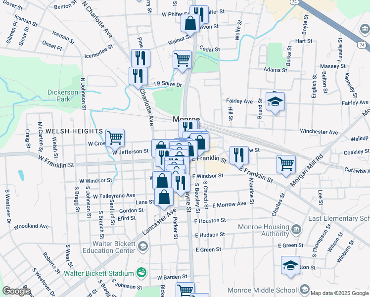 map of restaurants, bars, coffee shops, grocery stores, and more near 102 West Jefferson Street in Monroe