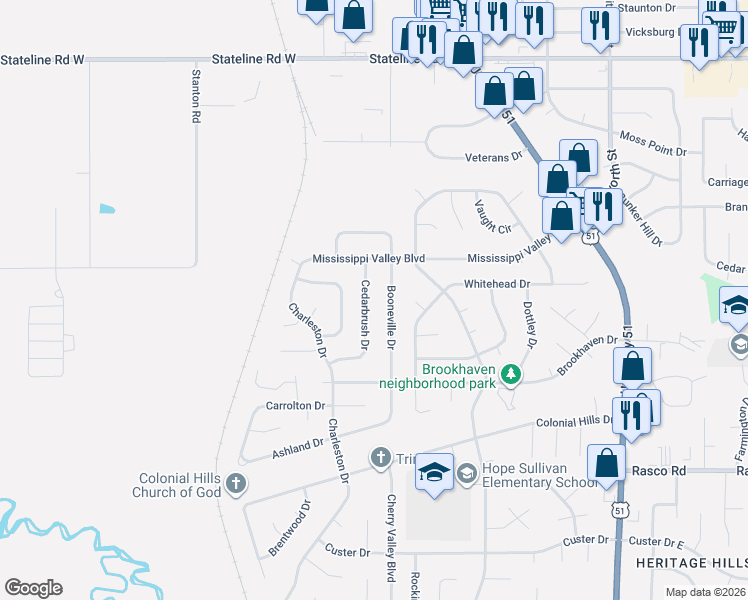 map of restaurants, bars, coffee shops, grocery stores, and more near 8417 Cedarbrush Drive in Southaven