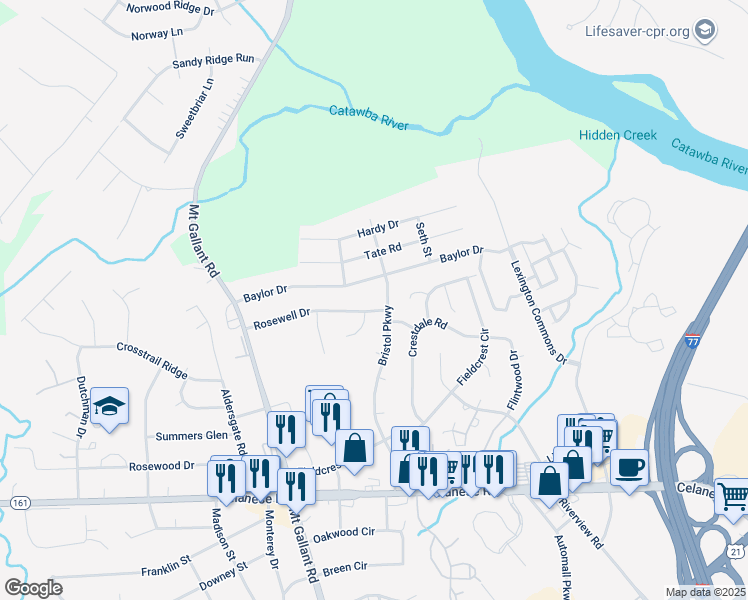 map of restaurants, bars, coffee shops, grocery stores, and more near 2042 Bristol Parkway in Rock Hill
