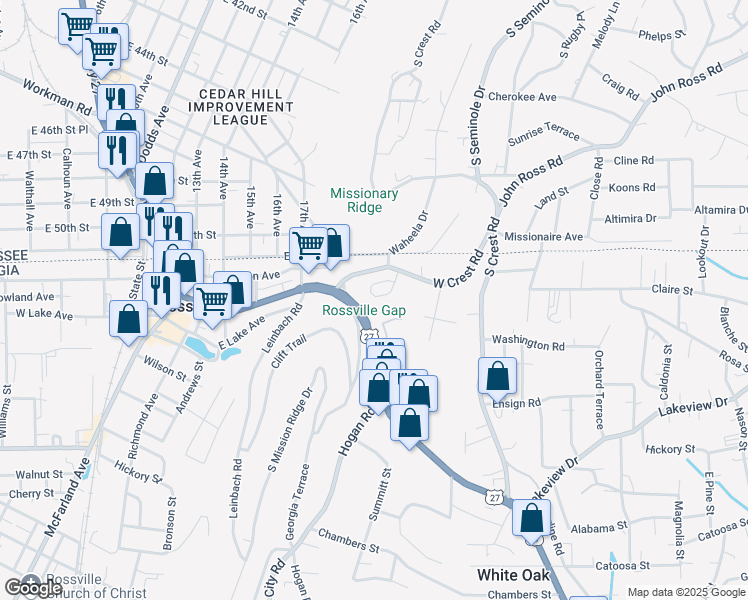 map of restaurants, bars, coffee shops, grocery stores, and more near 10 Battery Drive in Rossville