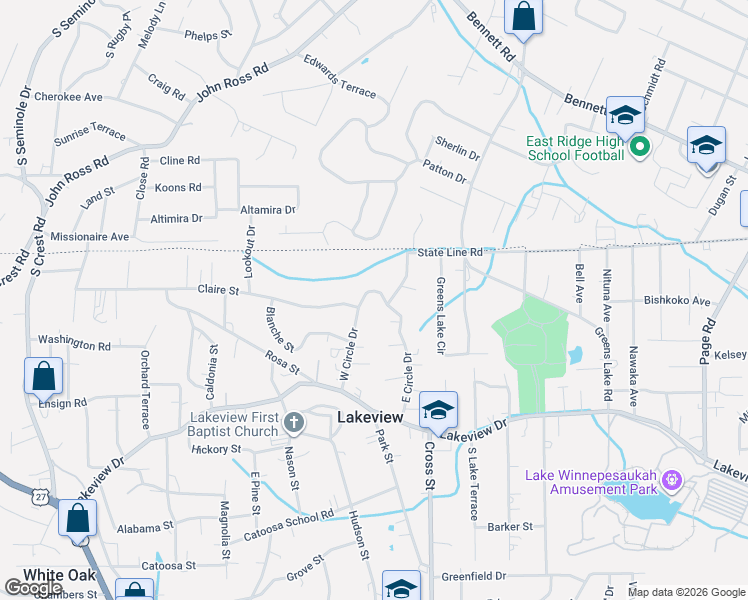 map of restaurants, bars, coffee shops, grocery stores, and more near 309 East Circle Drive in Rossville
