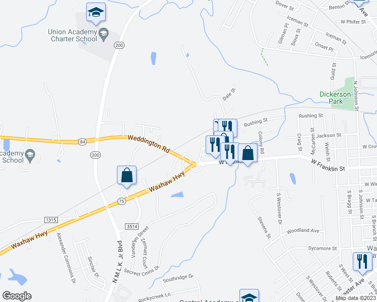 map of restaurants, bars, coffee shops, grocery stores, and more near 1906 Monroe-Weddington Road in Monroe