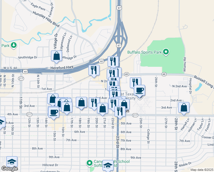 map of restaurants, bars, coffee shops, grocery stores, and more near 2101 1st Avenue in Canyon