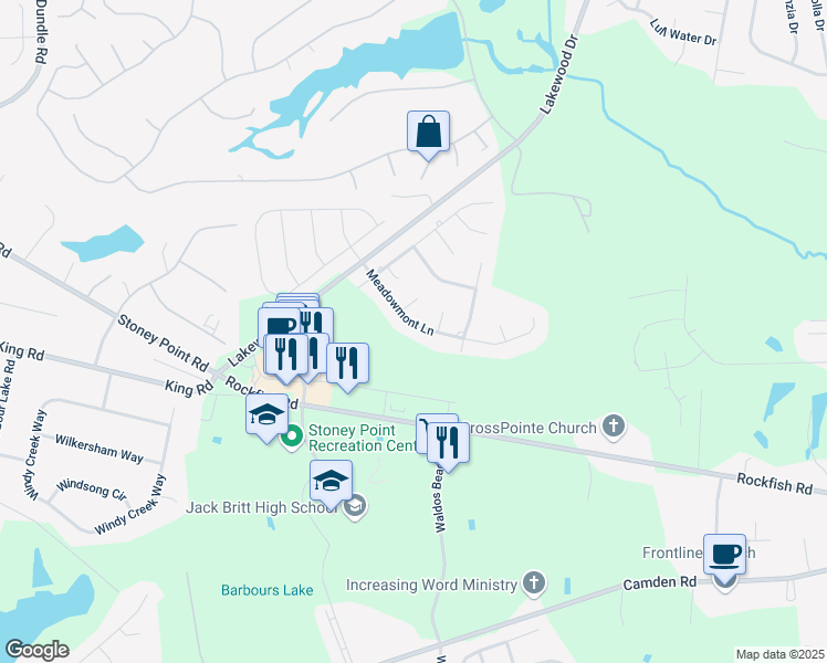 map of restaurants, bars, coffee shops, grocery stores, and more near 2825 Meadowmont Lane in Fayetteville
