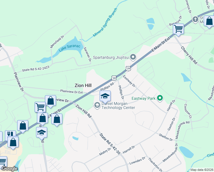 map of restaurants, bars, coffee shops, grocery stores, and more near 124 Phillips Road in Spartanburg