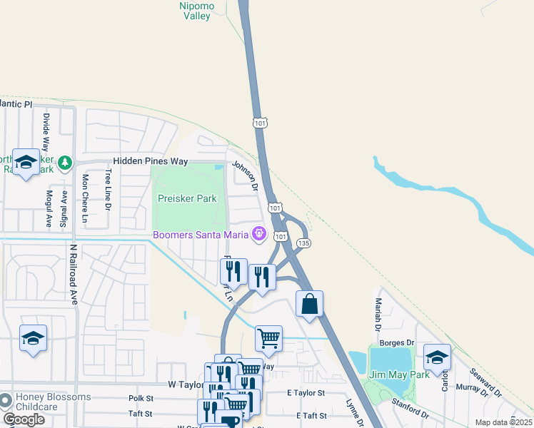 map of restaurants, bars, coffee shops, grocery stores, and more near 239 Portland Drive in Santa Maria