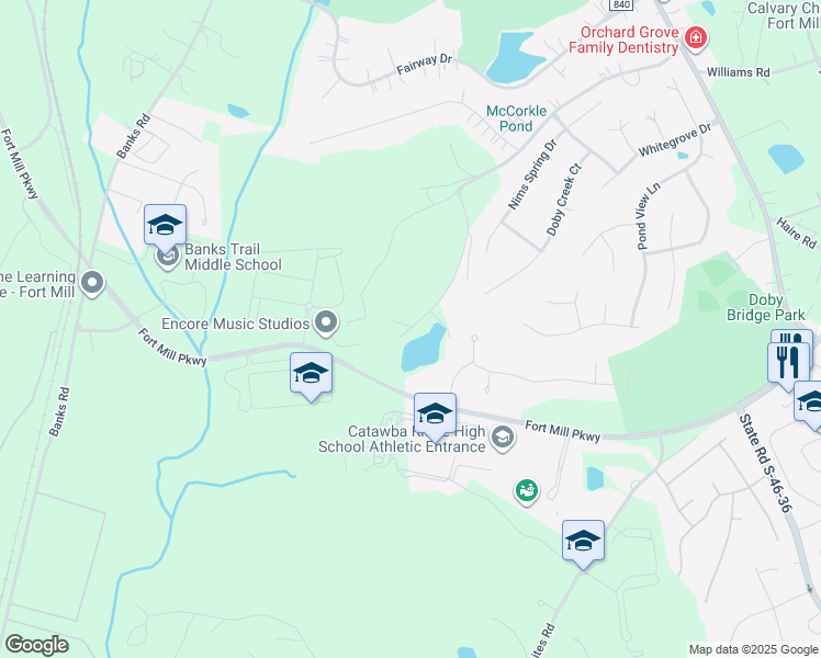 map of restaurants, bars, coffee shops, grocery stores, and more near 412 Nims Lake Road in Fort Mill