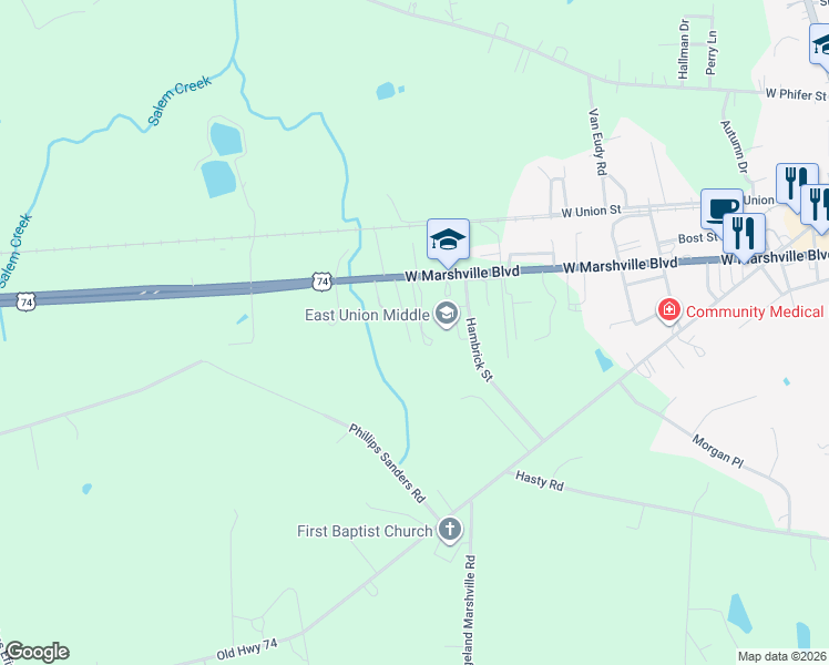 map of restaurants, bars, coffee shops, grocery stores, and more near 939 South Austin Road in Marshville