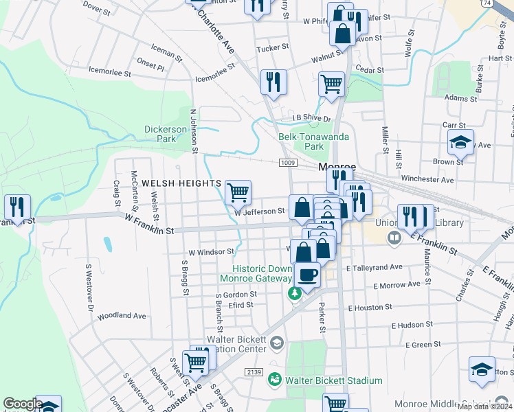 map of restaurants, bars, coffee shops, grocery stores, and more near 500 West Jefferson Street in Monroe