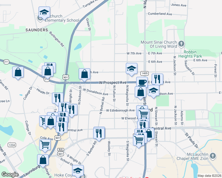 map of restaurants, bars, coffee shops, grocery stores, and more near 403 North Fulton Street in Raeford