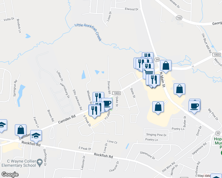 map of restaurants, bars, coffee shops, grocery stores, and more near 3267 Dorian Road in Fayetteville