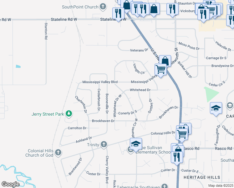 map of restaurants, bars, coffee shops, grocery stores, and more near 8404 Whitehead Drive in Southaven