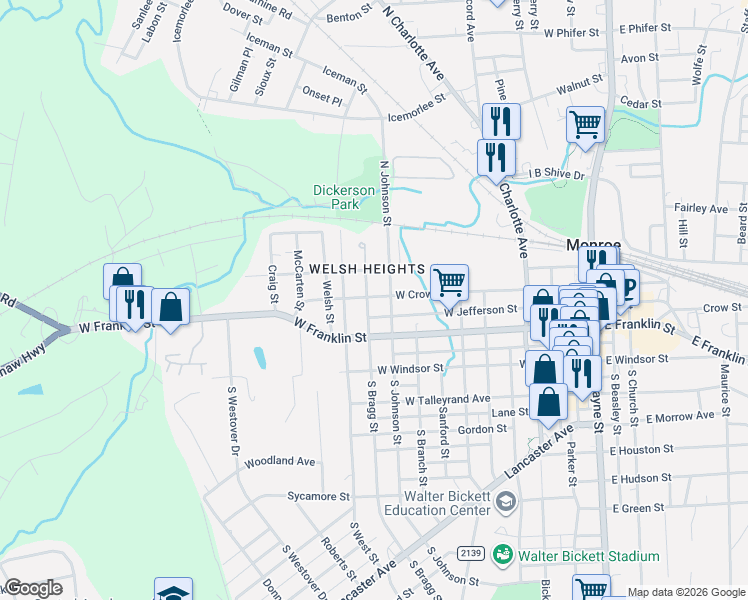 map of restaurants, bars, coffee shops, grocery stores, and more near 400 North Bragg Street in Monroe