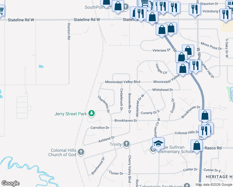 map of restaurants, bars, coffee shops, grocery stores, and more near 8417 Cedarbrush Drive in Southaven