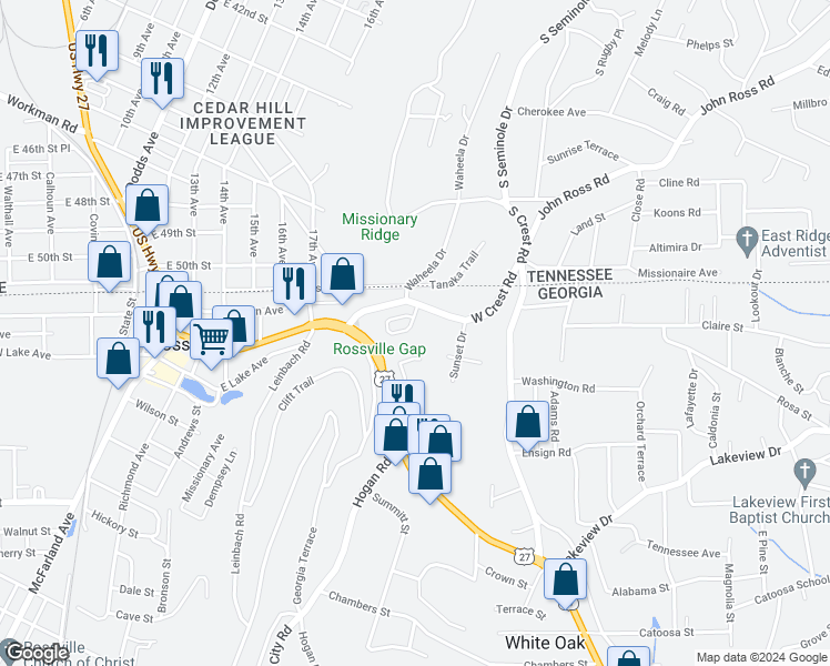 map of restaurants, bars, coffee shops, grocery stores, and more near 105 Sunset Drive in Rossville