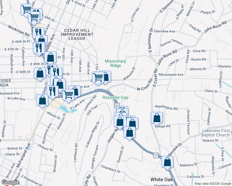 map of restaurants, bars, coffee shops, grocery stores, and more near 12 Battery Drive in Rossville