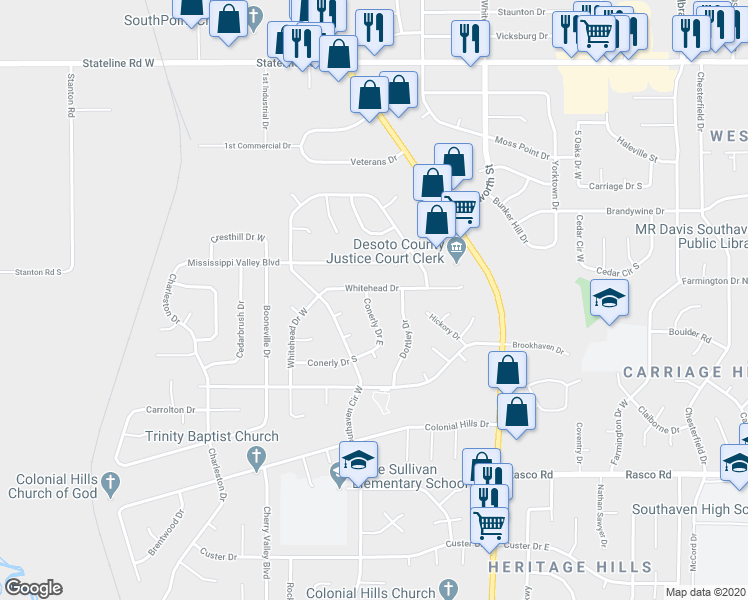 map of restaurants, bars, coffee shops, grocery stores, and more near 8386 Conerly Drive South in Southaven