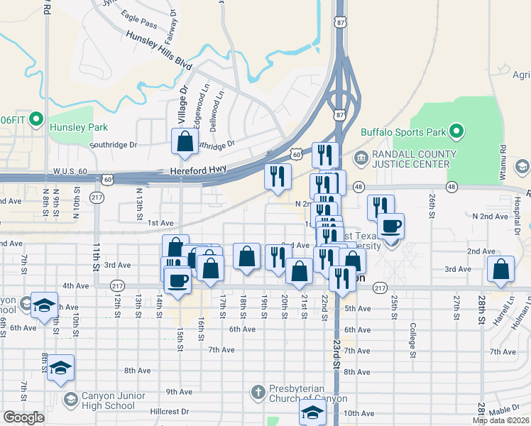 map of restaurants, bars, coffee shops, grocery stores, and more near 1901 1st Avenue in Canyon