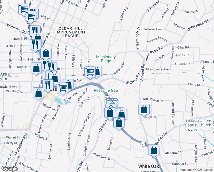 map of restaurants, bars, coffee shops, grocery stores, and more near 12 Battery Drive in Rossville