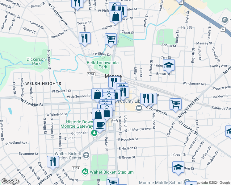 map of restaurants, bars, coffee shops, grocery stores, and more near 105 East Jefferson Street in Monroe