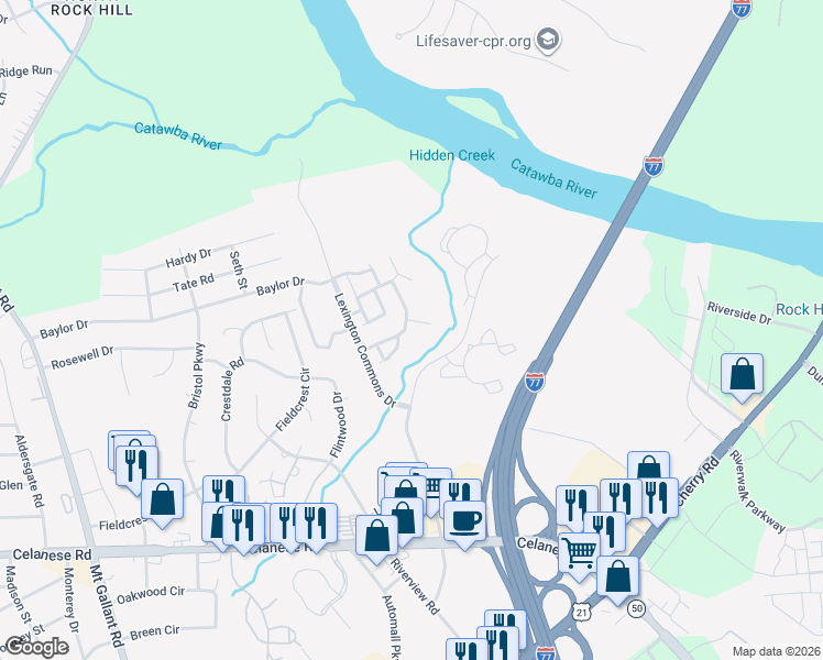 map of restaurants, bars, coffee shops, grocery stores, and more near 1391 Walnut Hill Drive in Rock Hill