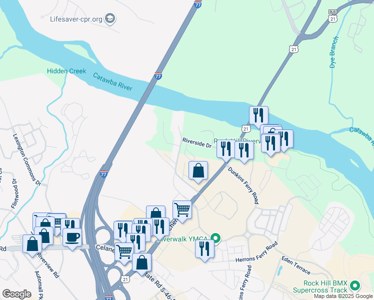 map of restaurants, bars, coffee shops, grocery stores, and more near 549 Cayce Olin Circle in Rock Hill