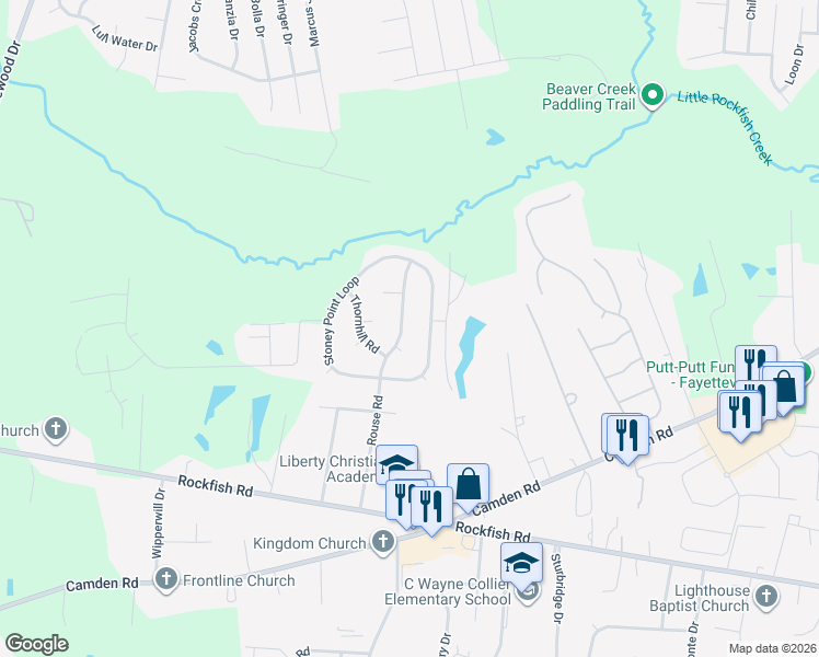 map of restaurants, bars, coffee shops, grocery stores, and more near 6221 Stoney Point Loop in Fayetteville