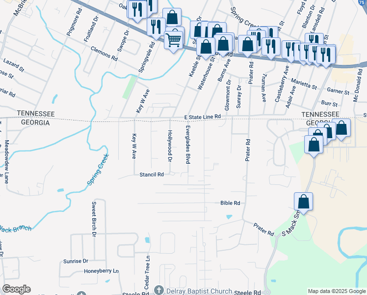 map of restaurants, bars, coffee shops, grocery stores, and more near 194 Everglades Boulevard in Rossville