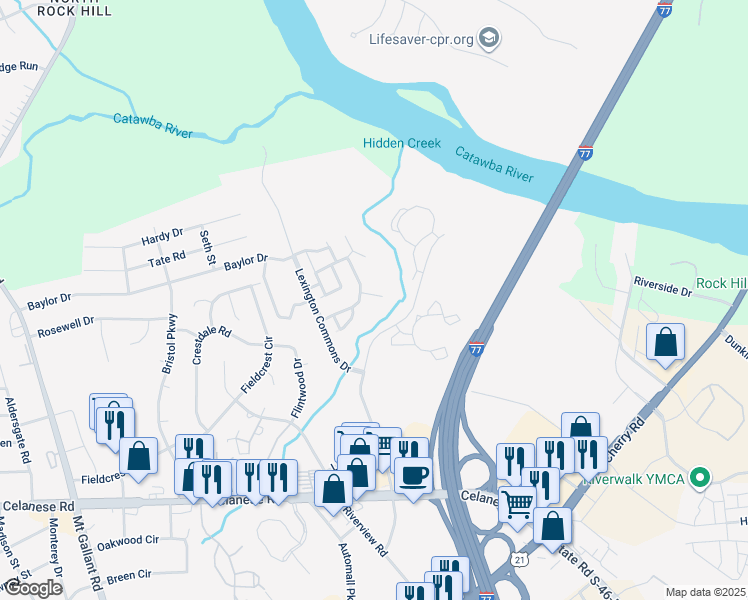 map of restaurants, bars, coffee shops, grocery stores, and more near 1305 Penny Oaks Cove in Rock Hill