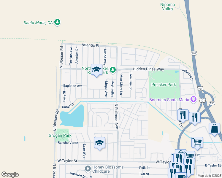 map of restaurants, bars, coffee shops, grocery stores, and more near 2223 Signal Avenue in Santa Maria