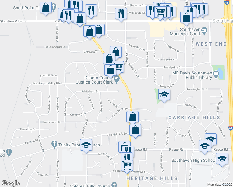 map of restaurants, bars, coffee shops, grocery stores, and more near 1597 Whitehead Drive in Southaven