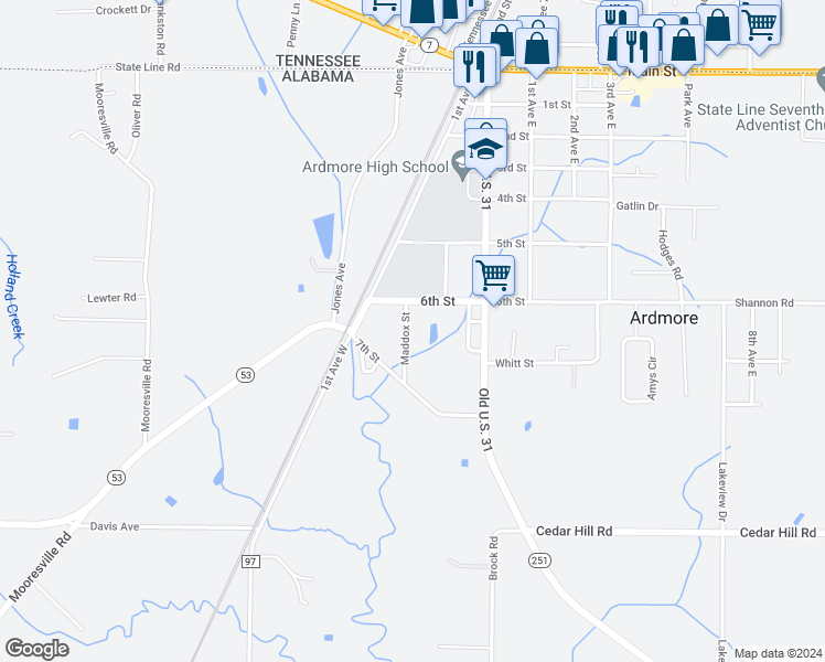 map of restaurants, bars, coffee shops, grocery stores, and more near 29428 Maddox Street in Ardmore