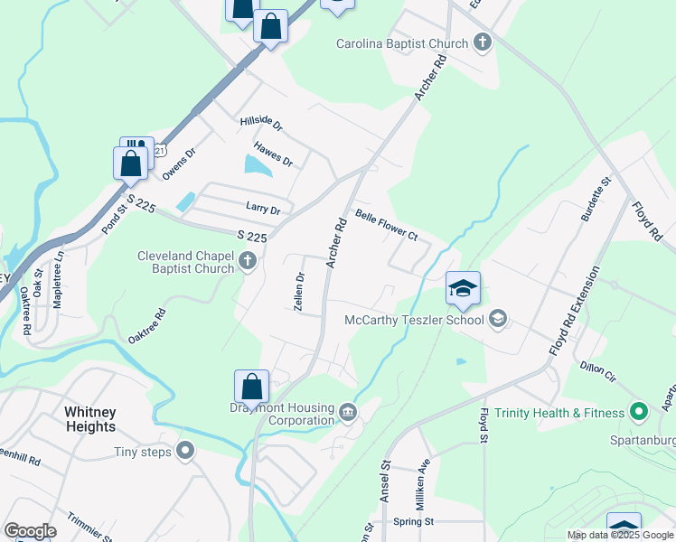 map of restaurants, bars, coffee shops, grocery stores, and more near 657 Archer Road in Spartanburg