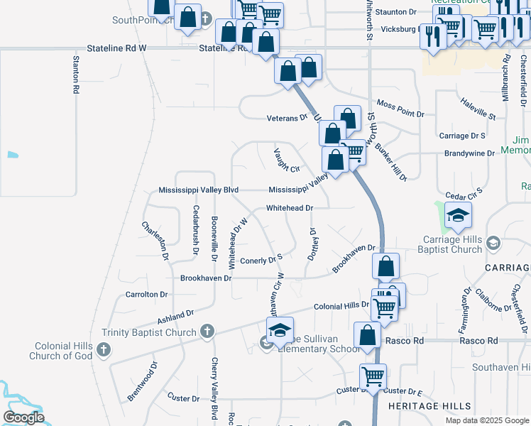 map of restaurants, bars, coffee shops, grocery stores, and more near 1857 Whitehead Drive in Southaven