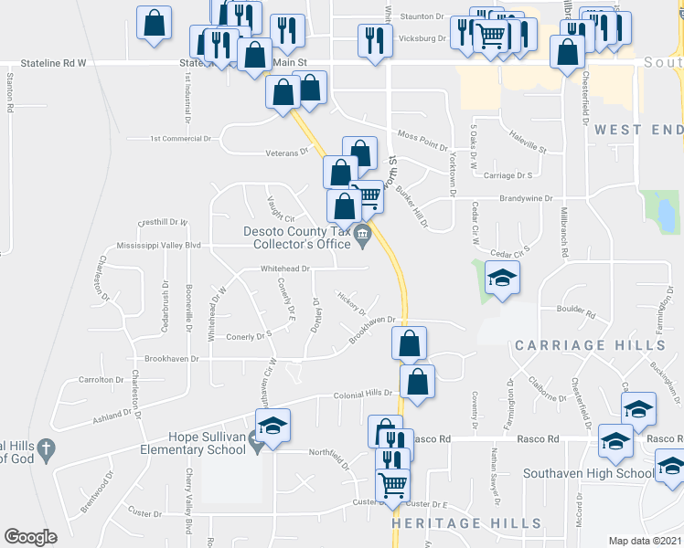 map of restaurants, bars, coffee shops, grocery stores, and more near 1657 Whitehead Drive in Southaven