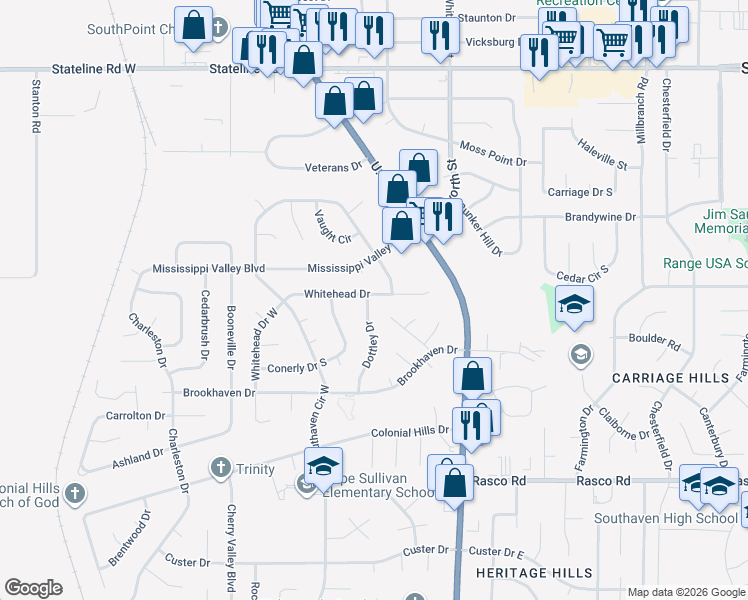 map of restaurants, bars, coffee shops, grocery stores, and more near 1705 Whitehead Drive in Southaven