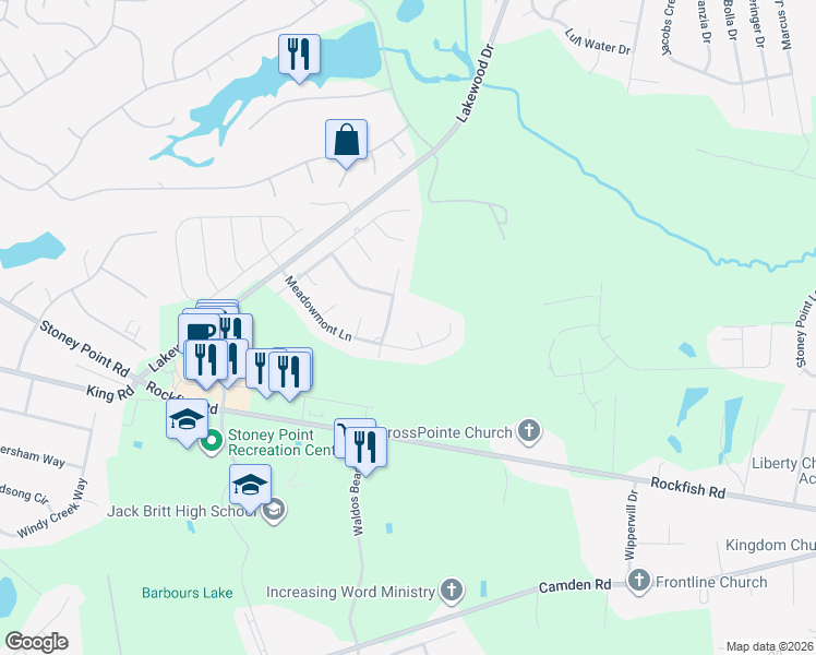 map of restaurants, bars, coffee shops, grocery stores, and more near 2749 Meadowmont Lane in Fayetteville