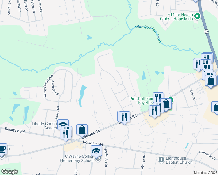 map of restaurants, bars, coffee shops, grocery stores, and more near 3745 Harrisburg Drive in Fayetteville