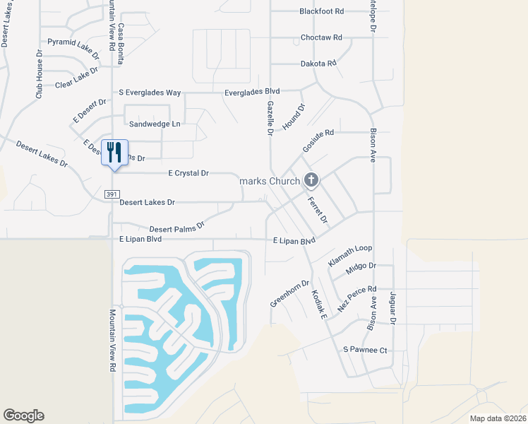 map of restaurants, bars, coffee shops, grocery stores, and more near 5820 Hiada Drive in Fort Mohave