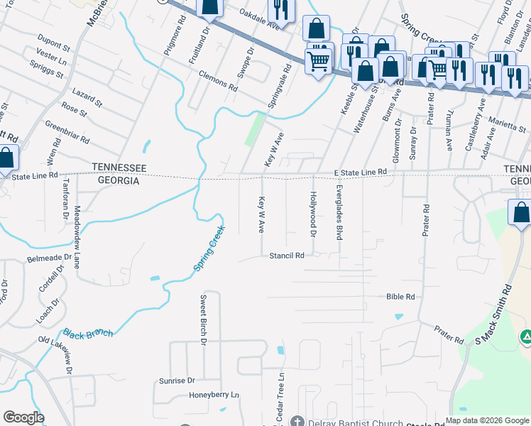 map of restaurants, bars, coffee shops, grocery stores, and more near 96 Key West Avenue in Rossville