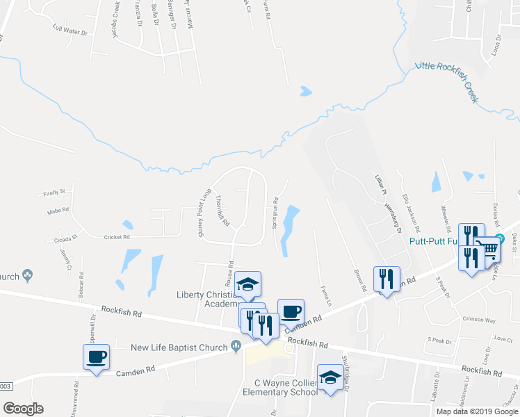 map of restaurants, bars, coffee shops, grocery stores, and more near 6233 Stoney Point Loop in Fayetteville