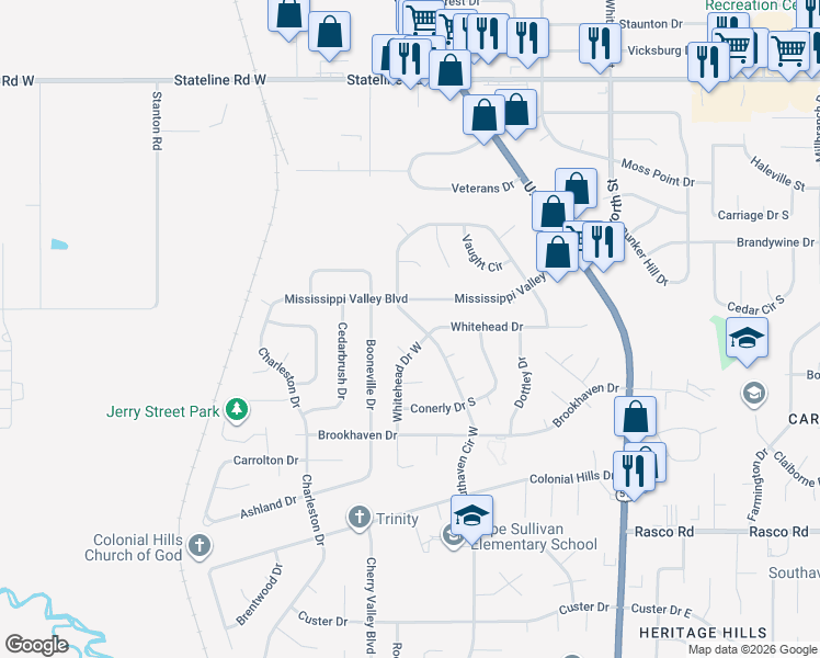 map of restaurants, bars, coffee shops, grocery stores, and more near 1925 Mississippi Valley Boulevard in Southaven