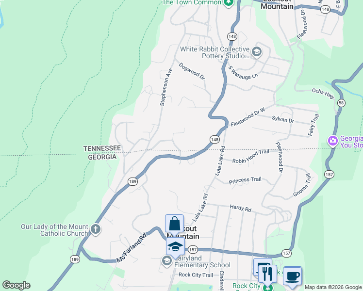 map of restaurants, bars, coffee shops, grocery stores, and more near 73 West Bartram Road in Lookout Mountain
