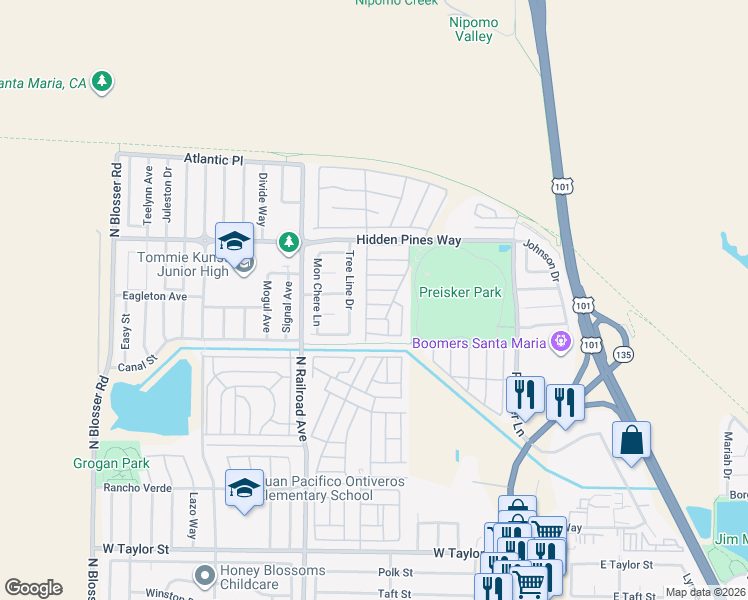 map of restaurants, bars, coffee shops, grocery stores, and more near 515 5th Avenue in Santa Maria