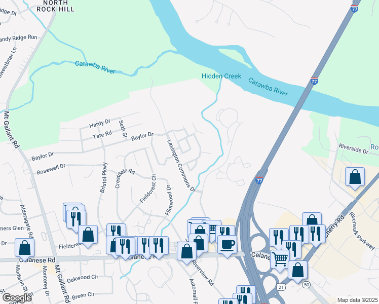 map of restaurants, bars, coffee shops, grocery stores, and more near 1366 Walnut Hill Drive in Rock Hill