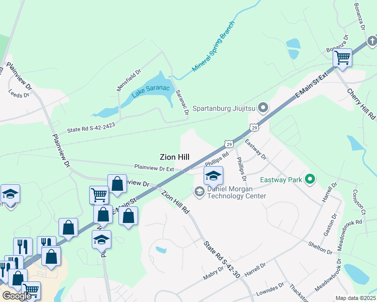 map of restaurants, bars, coffee shops, grocery stores, and more near 128 Plainview Drive Extension in Spartanburg