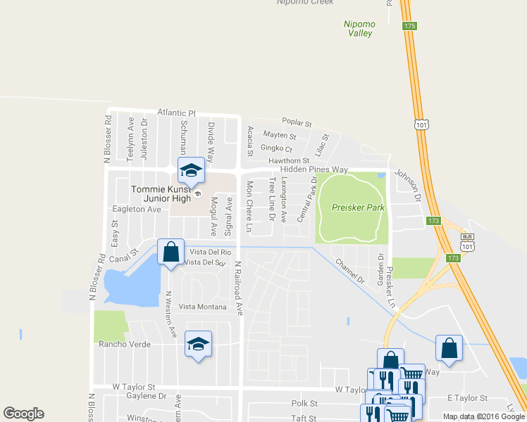 map of restaurants, bars, coffee shops, grocery stores, and more near 2317 Tree Line Drive in Santa Maria